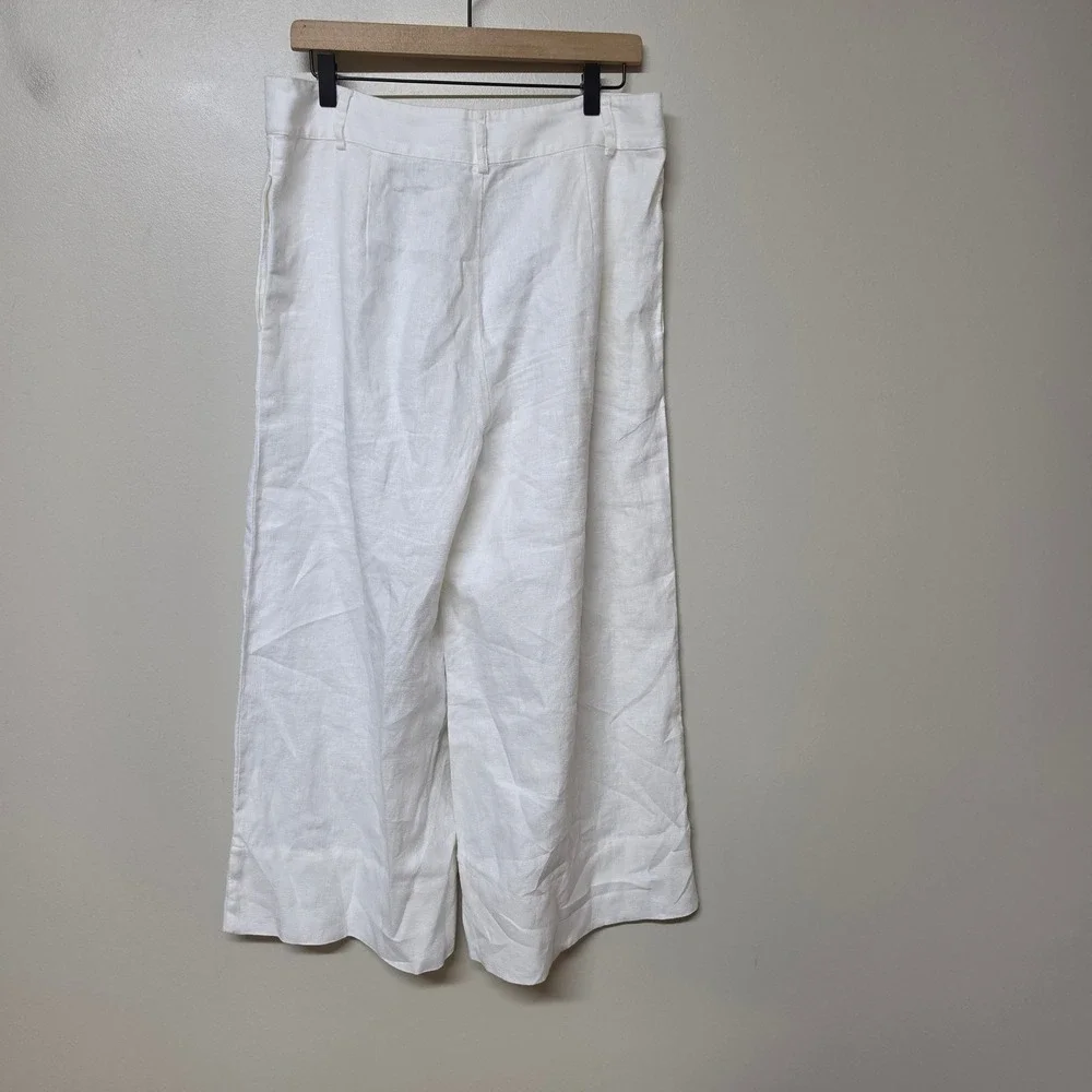Soft Surroundings‎ White 100% Linen Wide Leg Cropped Pants Gold Button Size 10